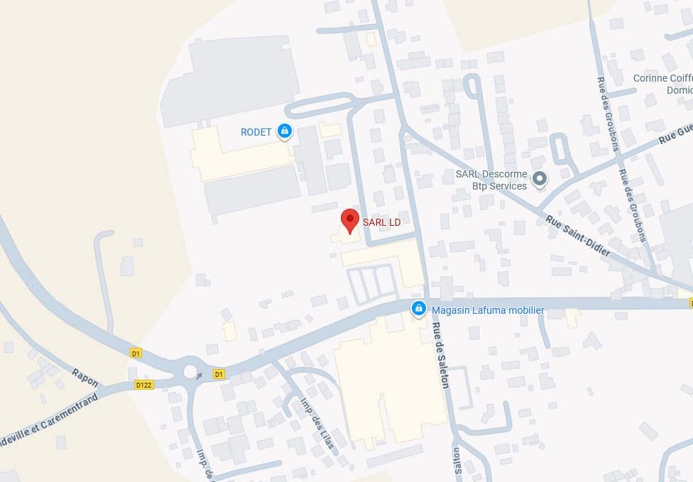 Plan routier affichant SARL LD épinglé en rouge, près de RODET, Magasin Lafuma mobilier et SARL Descorme Btp Services. Routes D1, D122 visibles.